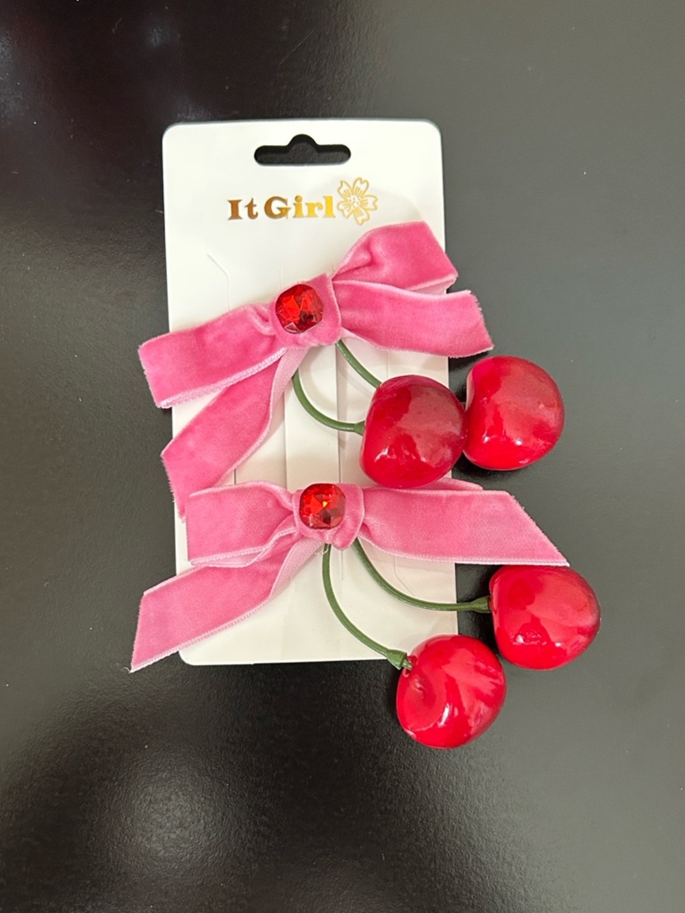 It Girl Cherry Hair Clips with Pink Velvet Ribbon Bow - 2 Barrettes